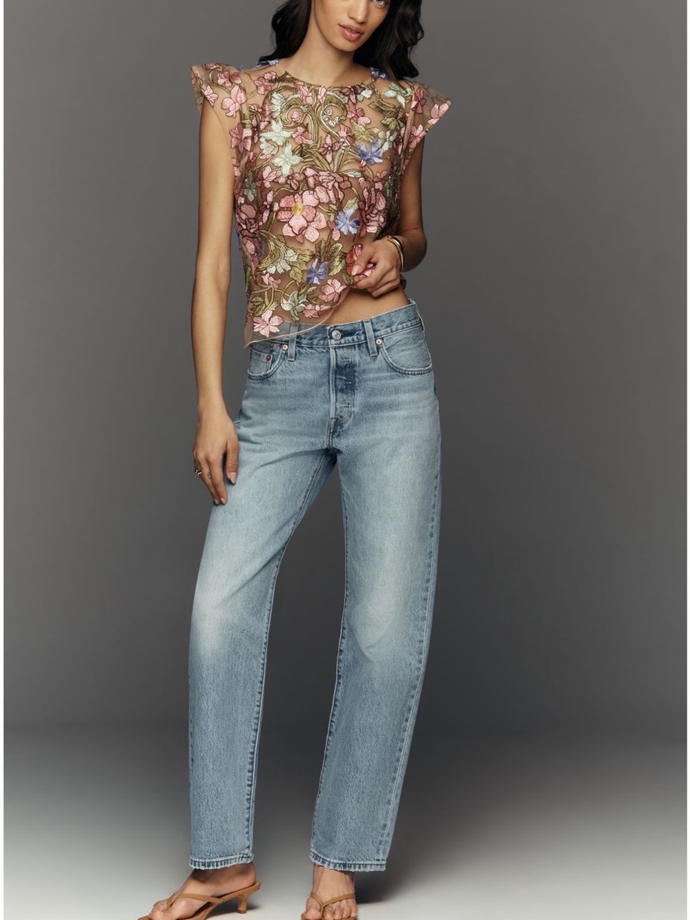 Dolan left coast Embroidered Floral Sheer Cap-Sleeve Top in Blush Multi size s - Picture 4 of 8
